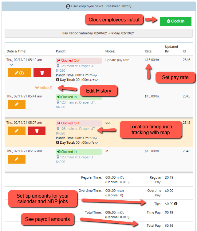 Timecards With Employee Location, Pay, Tip and Upsell Commissions